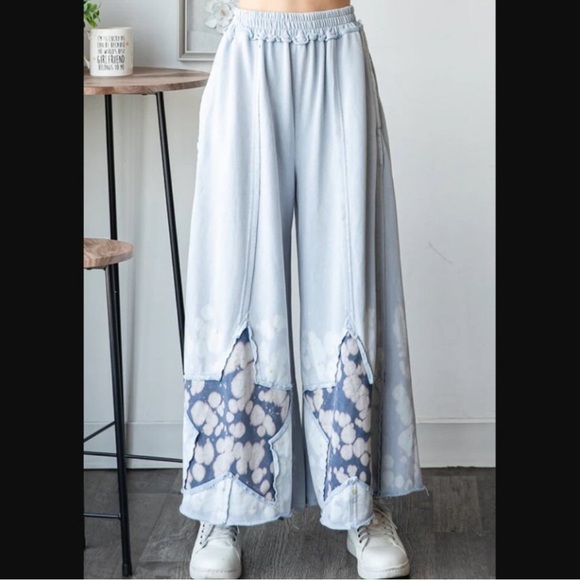 OLI & HALI Baby Blue Star Patchwork Wide Leg Ankle Pants - Picture 2 of 16